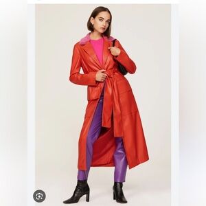 STAUD Ashley Faux Fur-Trimmed Vegan Leather Coat cherry